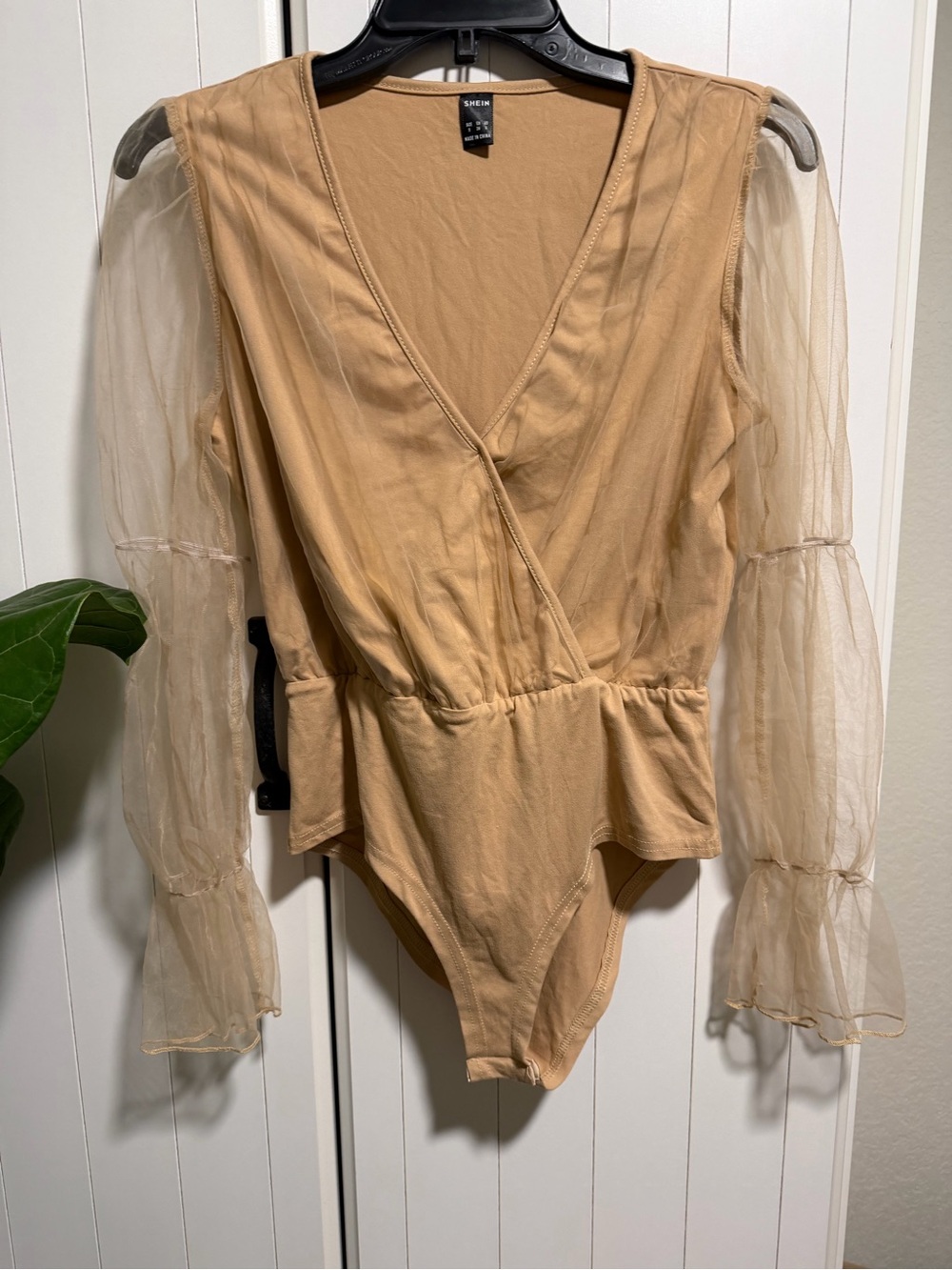 130 - SHEIN Beige/Tan Sheer Sleeve Wrap Bodysuit